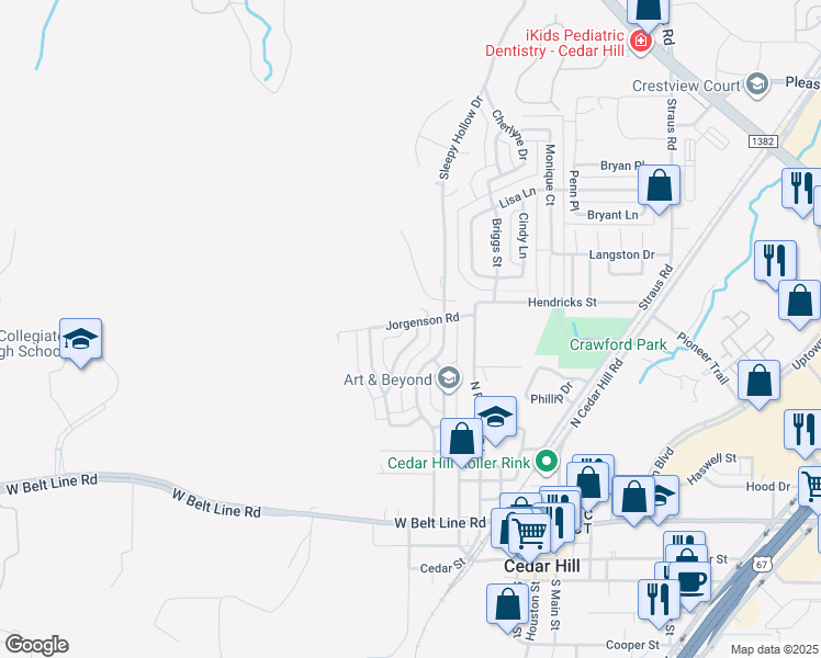map of restaurants, bars, coffee shops, grocery stores, and more near 435 Northwood Trail in Cedar Hill