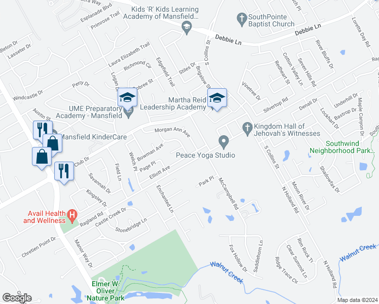 map of restaurants, bars, coffee shops, grocery stores, and more near 2100 Hodges Place in Mansfield