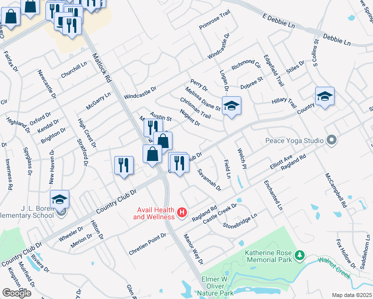map of restaurants, bars, coffee shops, grocery stores, and more near 2281 Country Club Drive in Mansfield