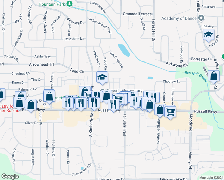 map of restaurants, bars, coffee shops, grocery stores, and more near 140 Stoneridge Drive in Warner Robins