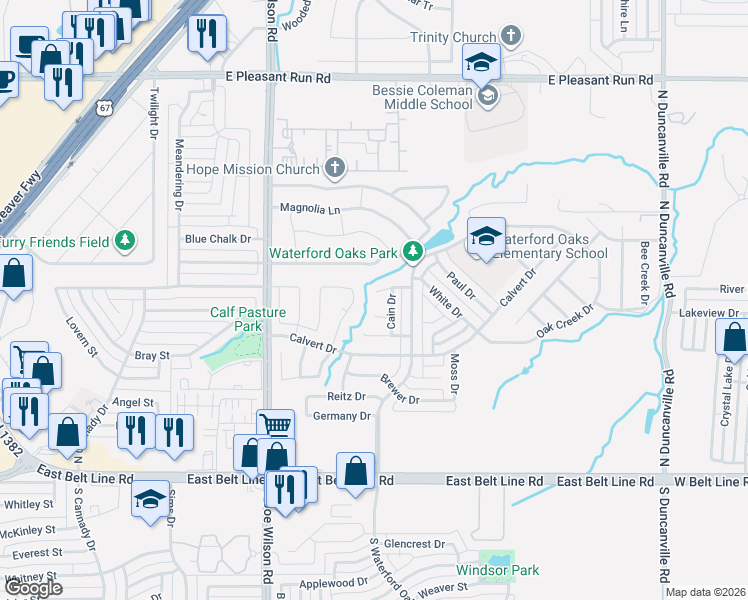 map of restaurants, bars, coffee shops, grocery stores, and more near 1101 Patrick Court in Cedar Hill