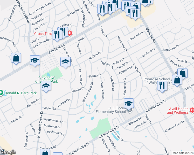 map of restaurants, bars, coffee shops, grocery stores, and more near 1200 Fairfax Drive in Mansfield