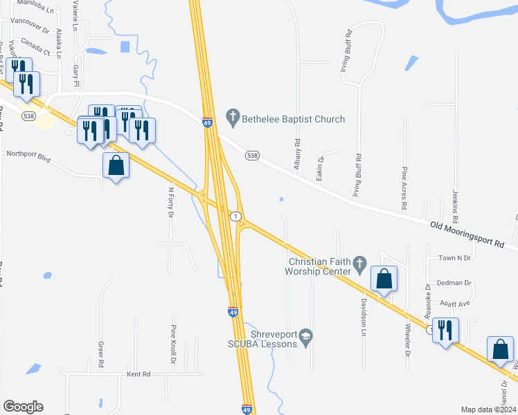 map of restaurants, bars, coffee shops, grocery stores, and more near 5431 Old Mooringsport Road in Shreveport