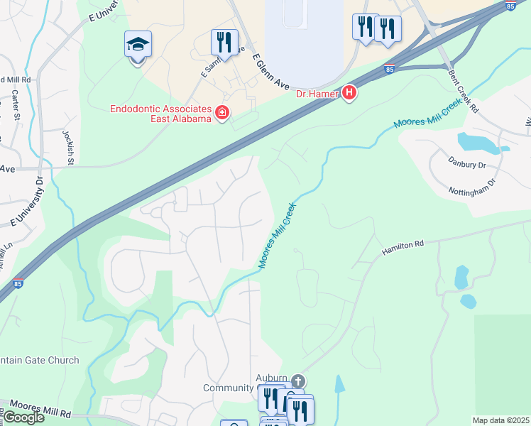 map of restaurants, bars, coffee shops, grocery stores, and more near 636 Moores Mill Drive in Auburn