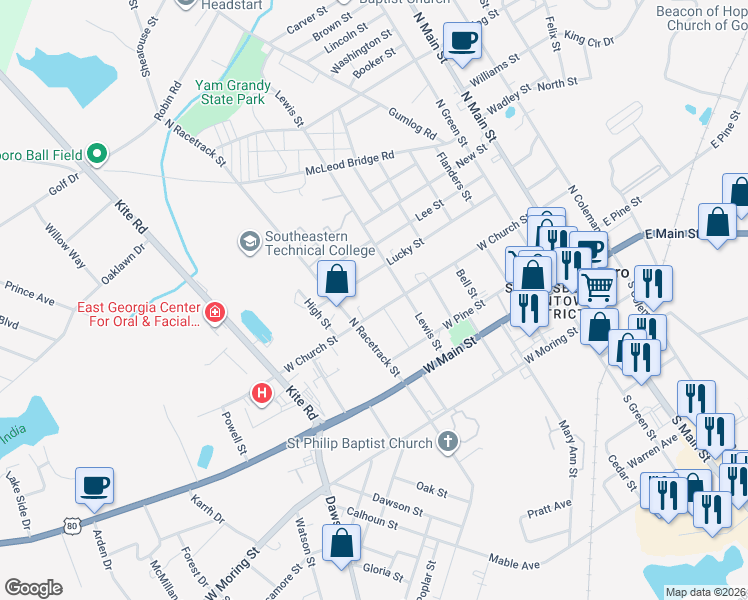map of restaurants, bars, coffee shops, grocery stores, and more near 410 West Church Street in Swainsboro