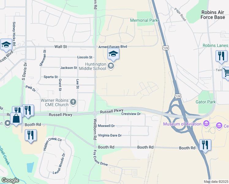 map of restaurants, bars, coffee shops, grocery stores, and more near 208 Wynn Place in Warner Robins