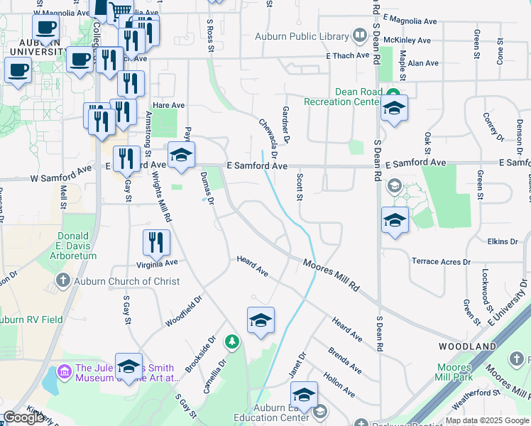 map of restaurants, bars, coffee shops, grocery stores, and more near 556 Sherwood Drive in Auburn