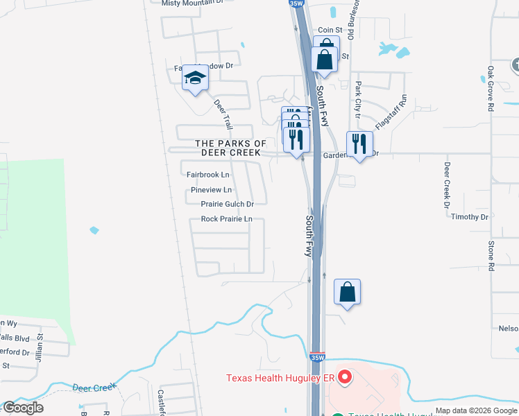 map of restaurants, bars, coffee shops, grocery stores, and more near 213 Prairie Gulch Drive in Fort Worth