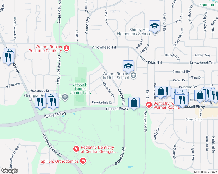 map of restaurants, bars, coffee shops, grocery stores, and more near 110 Ridgedale Drive in Warner Robins
