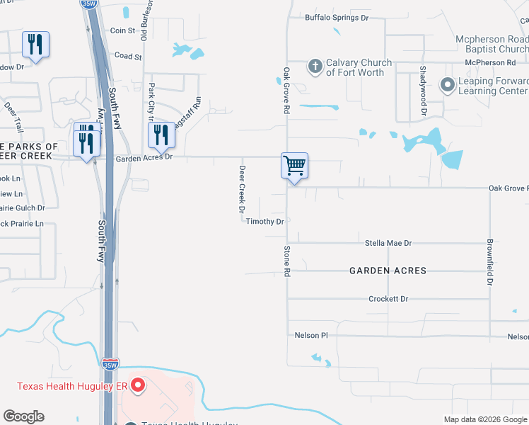 map of restaurants, bars, coffee shops, grocery stores, and more near 10920 Stone Road in Burleson
