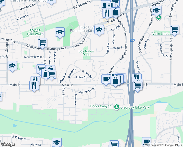 map of restaurants, bars, coffee shops, grocery stores, and more near 164 Spruce Road in Chula Vista