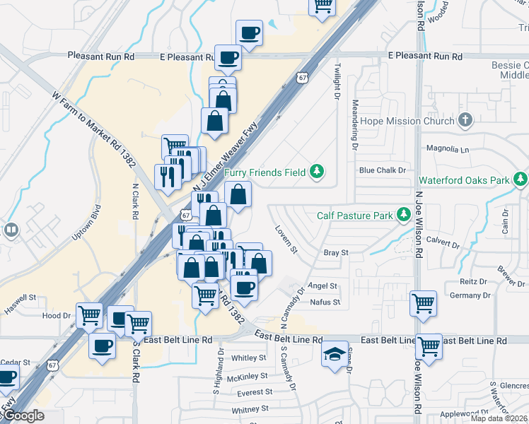 map of restaurants, bars, coffee shops, grocery stores, and more near 708 Lovern Street in Cedar Hill