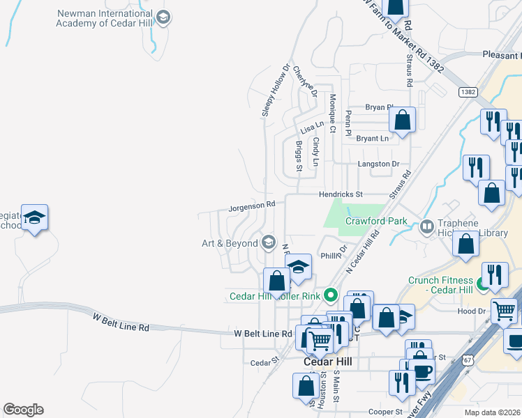 map of restaurants, bars, coffee shops, grocery stores, and more near 512 Meadow Ridge Drive in Cedar Hill