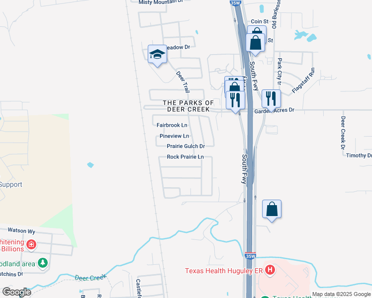 map of restaurants, bars, coffee shops, grocery stores, and more near 401 Prairie Gulch Drive in Fort Worth
