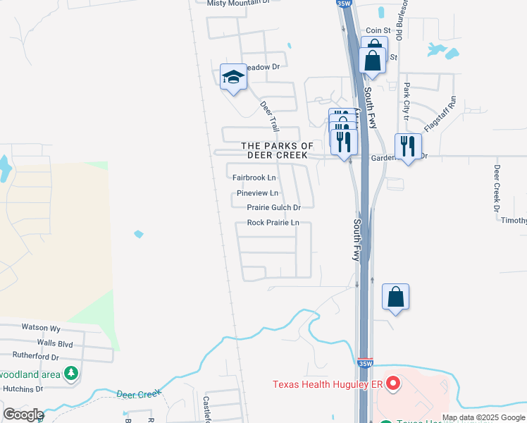 map of restaurants, bars, coffee shops, grocery stores, and more near 501 Prairie Gulch Drive in Fort Worth