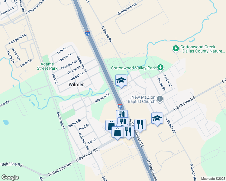 map of restaurants, bars, coffee shops, grocery stores, and more near Interstate 45 in Wilmer