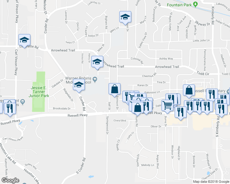 map of restaurants, bars, coffee shops, grocery stores, and more near 309 Belmont Drive in Warner Robins