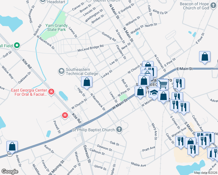map of restaurants, bars, coffee shops, grocery stores, and more near 323 West Church Street in Swainsboro