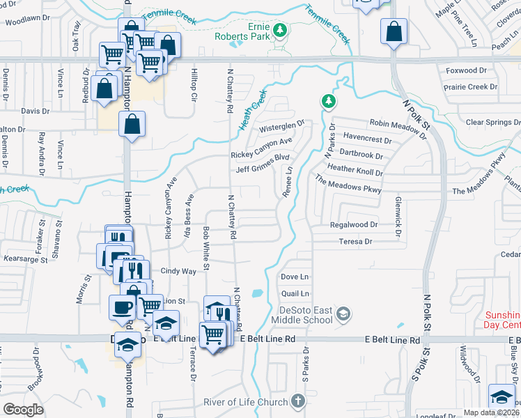 map of restaurants, bars, coffee shops, grocery stores, and more near 527 Bob White Drive in DeSoto