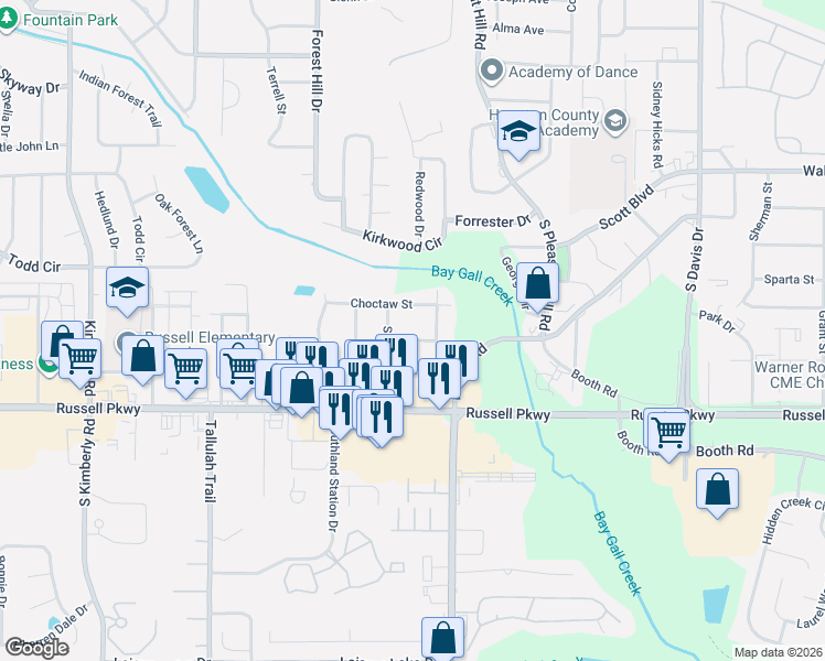 map of restaurants, bars, coffee shops, grocery stores, and more near 112 Osage Avenue in Warner Robins