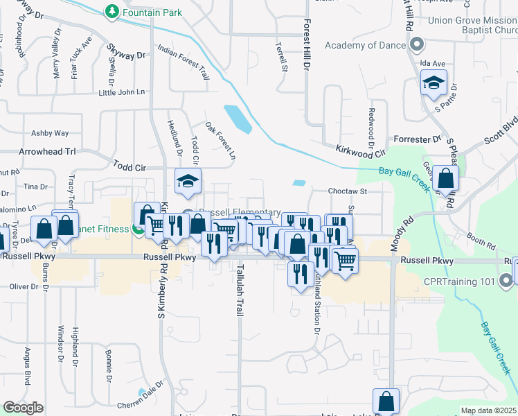 map of restaurants, bars, coffee shops, grocery stores, and more near 122 Marvin Boulevard in Warner Robins