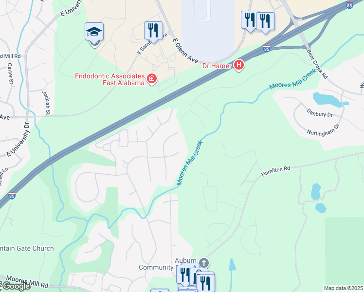map of restaurants, bars, coffee shops, grocery stores, and more near 636 Moores Mill Drive in Auburn