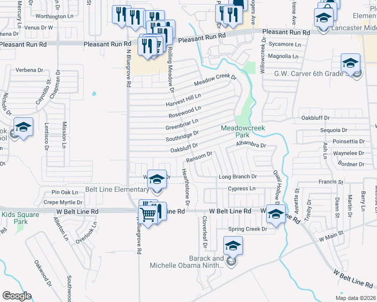 map of restaurants, bars, coffee shops, grocery stores, and more near 1302 Oakbluff Drive in Lancaster