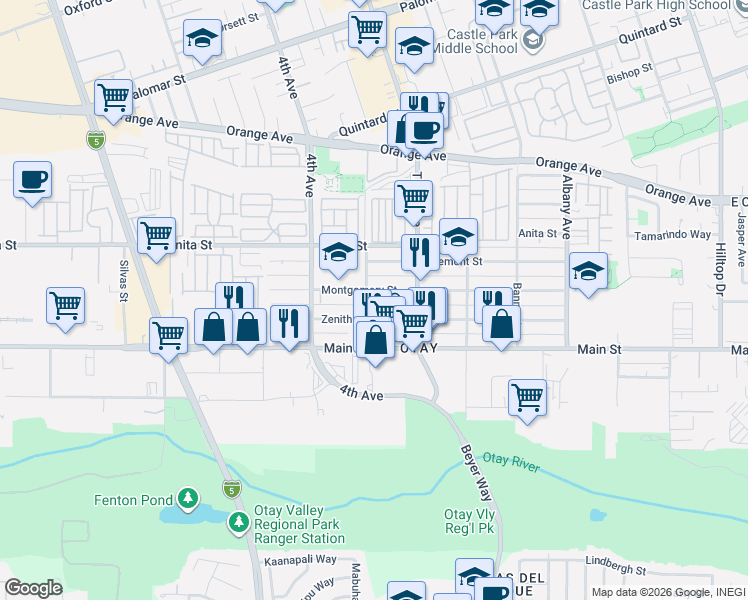 map of restaurants, bars, coffee shops, grocery stores, and more near 331 Montgomery Street in Chula Vista