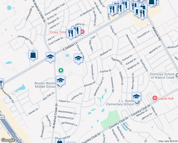 map of restaurants, bars, coffee shops, grocery stores, and more near 1700 Clover Hill Road in Mansfield
