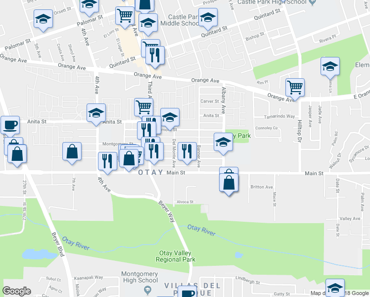 map of restaurants, bars, coffee shops, grocery stores, and more near 227 Montgomery Street in Chula Vista