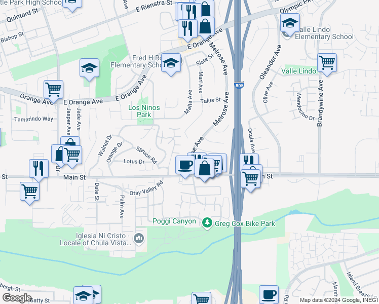 map of restaurants, bars, coffee shops, grocery stores, and more near 1668 Melrose Avenue in Chula Vista