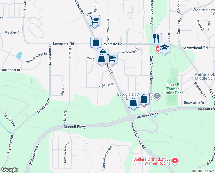 map of restaurants, bars, coffee shops, grocery stores, and more near 106 Sylvia Avenue in Warner Robins