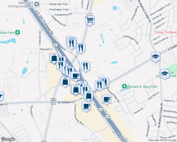 map of restaurants, bars, coffee shops, grocery stores, and more near 2408 Forest Park Cir in Mansfield