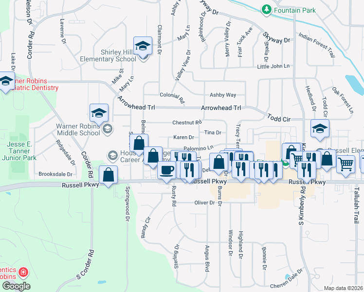 map of restaurants, bars, coffee shops, grocery stores, and more near 209 Palomino Lane in Warner Robins
