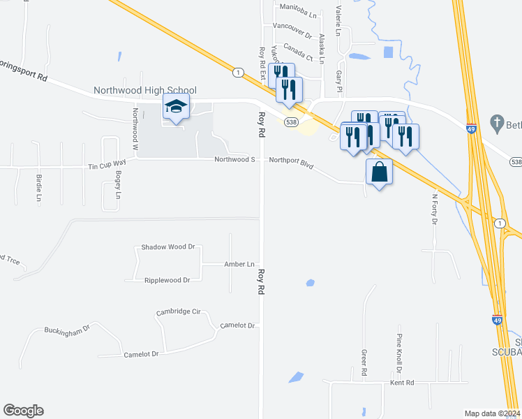 map of restaurants, bars, coffee shops, grocery stores, and more near 4360 Roy Road in Shreveport