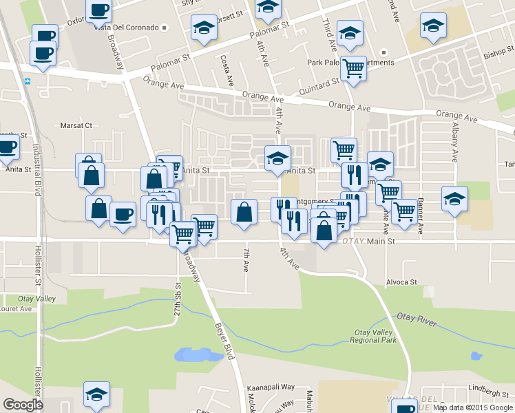 map of restaurants, bars, coffee shops, grocery stores, and more near 433 Montgomery Street in Chula Vista