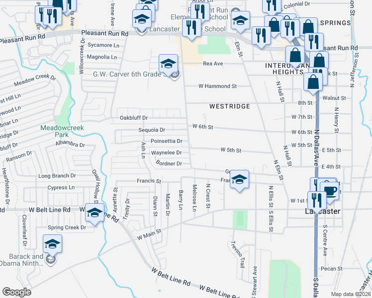 map of restaurants, bars, coffee shops, grocery stores, and more near 701 Waynelee Drive in Lancaster