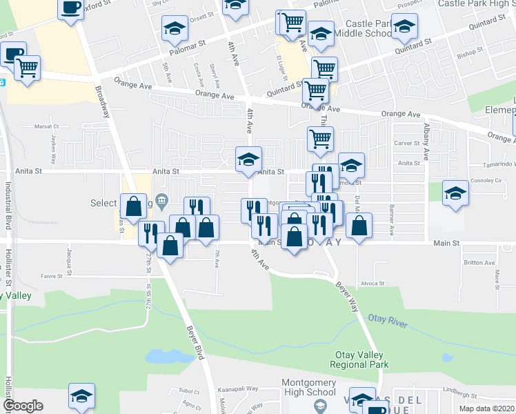 map of restaurants, bars, coffee shops, grocery stores, and more near 1635 4th Avenue in Chula Vista