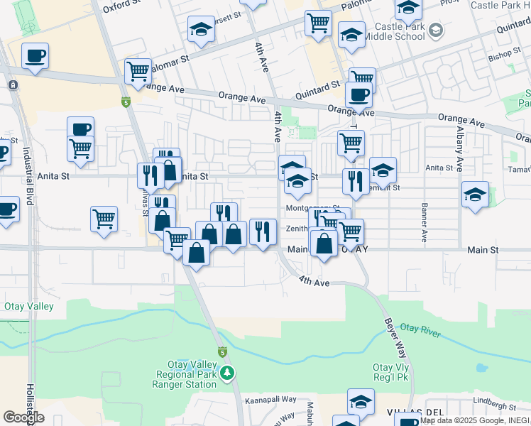 map of restaurants, bars, coffee shops, grocery stores, and more near 433 Montgomery Street in Chula Vista