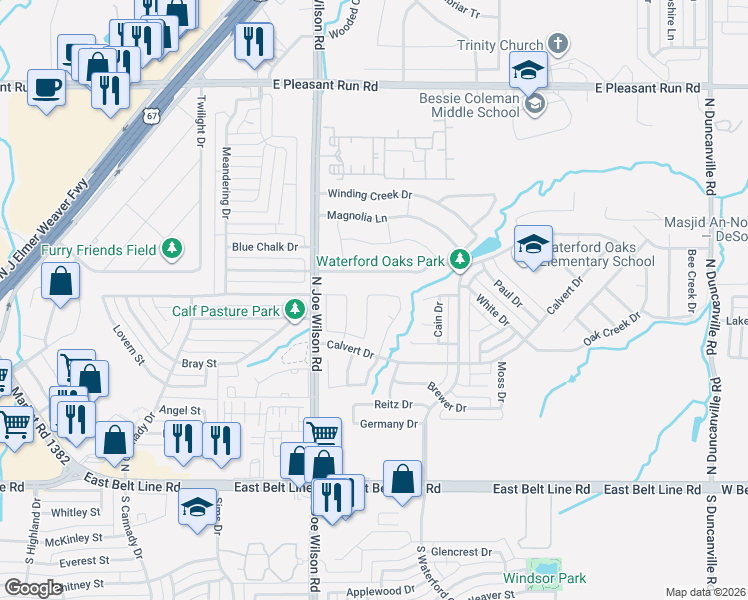 map of restaurants, bars, coffee shops, grocery stores, and more near 1011 Woodall Drive in Cedar Hill