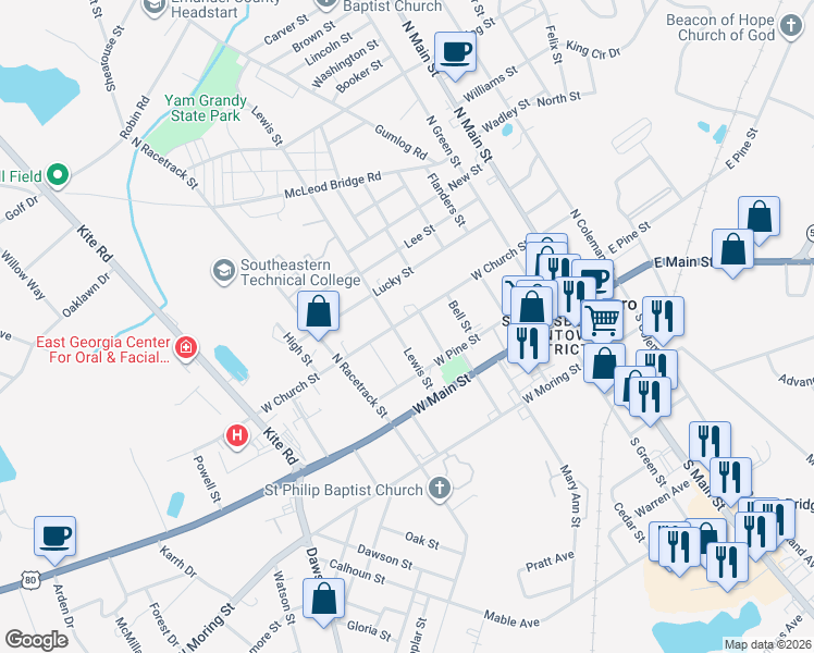 map of restaurants, bars, coffee shops, grocery stores, and more near 323 West Church Street in Swainsboro