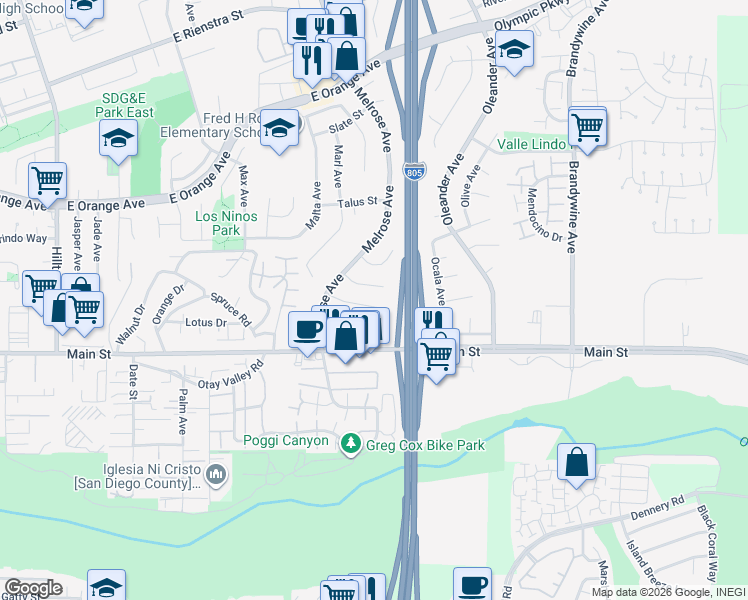 map of restaurants, bars, coffee shops, grocery stores, and more near 353 Tourmaline Court in Chula Vista