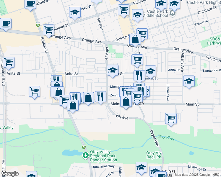 map of restaurants, bars, coffee shops, grocery stores, and more near 393 Montgomery Street in Chula Vista