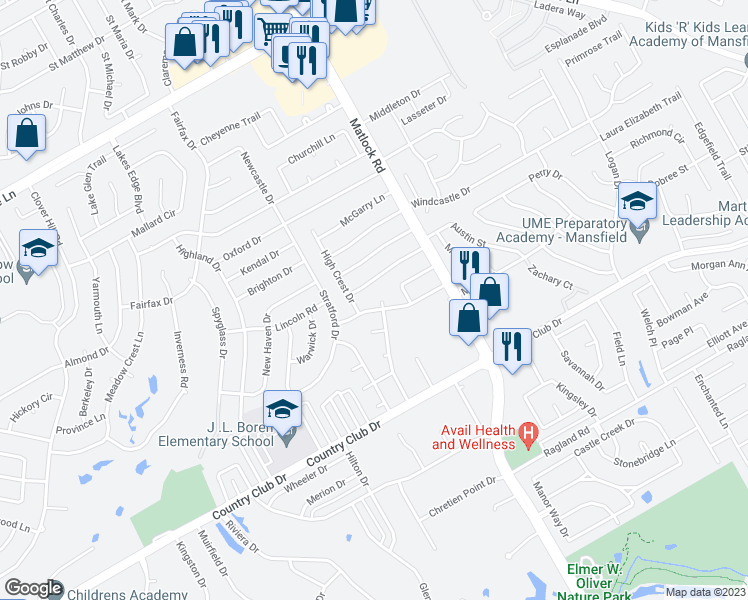 map of restaurants, bars, coffee shops, grocery stores, and more near 5 Hastings Court in Mansfield