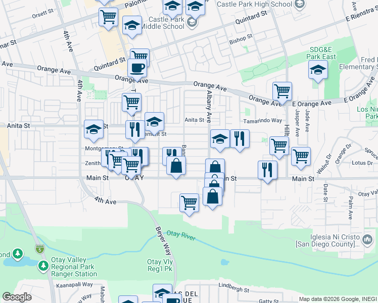 map of restaurants, bars, coffee shops, grocery stores, and more near 195 Montgomery Street in Chula Vista