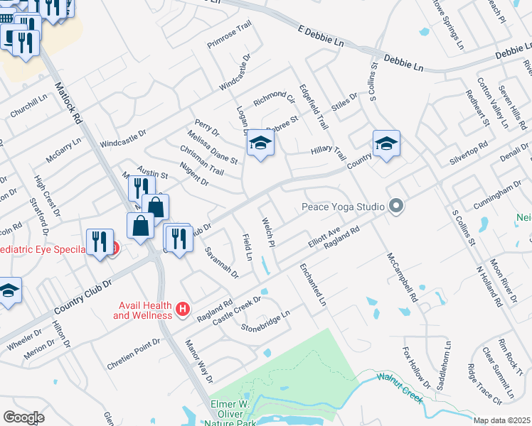 map of restaurants, bars, coffee shops, grocery stores, and more near 2308 Welch Place in Mansfield