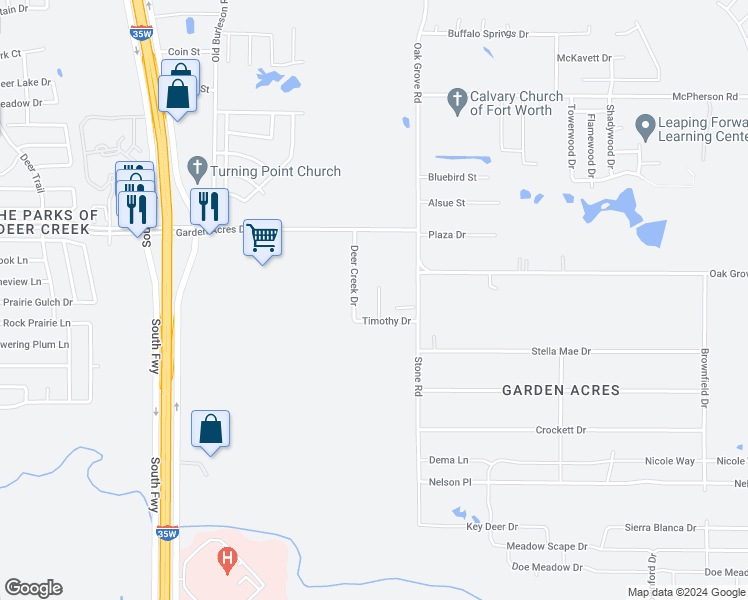 map of restaurants, bars, coffee shops, grocery stores, and more near 10908 Blythe Court in Burleson
