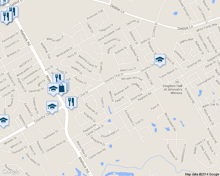 map of restaurants, bars, coffee shops, grocery stores, and more near 2308 Welch Place in Mansfield