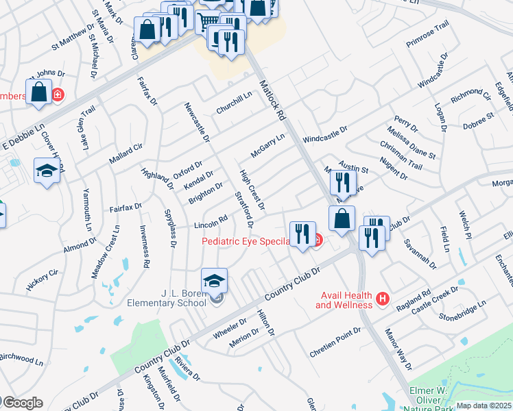 map of restaurants, bars, coffee shops, grocery stores, and more near 1307 High Crest Drive in Mansfield
