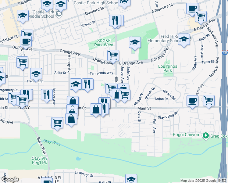 map of restaurants, bars, coffee shops, grocery stores, and more near 3755 Holiday Court in Chula Vista